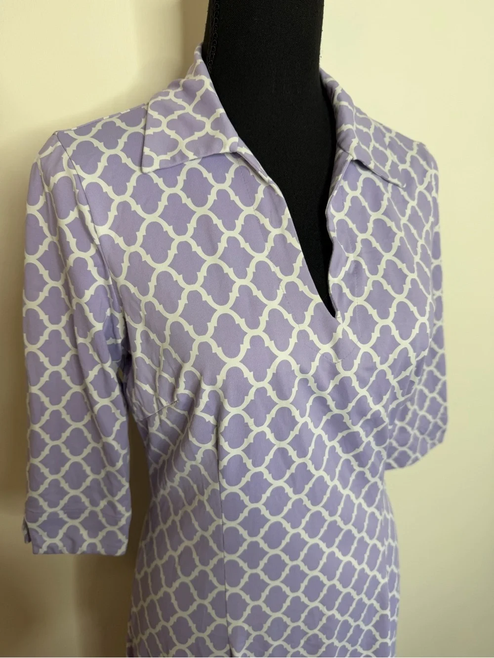 J McLaughlin Sz S Catalina Cloth Dress 3/4 Sleeve Purple White V Neck Stretch